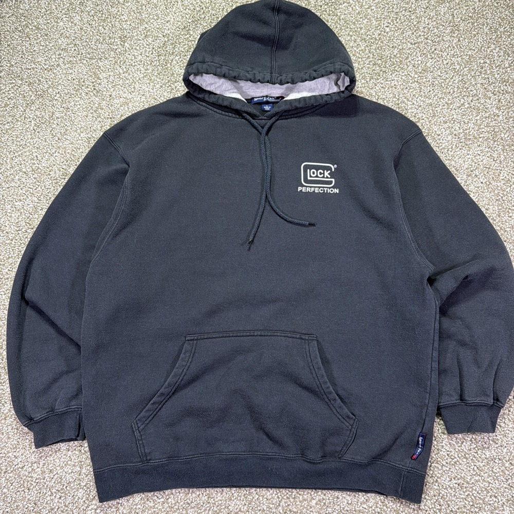 Vintage Lock Gun Hoodie Black Large Pullover Excellent Double Sided